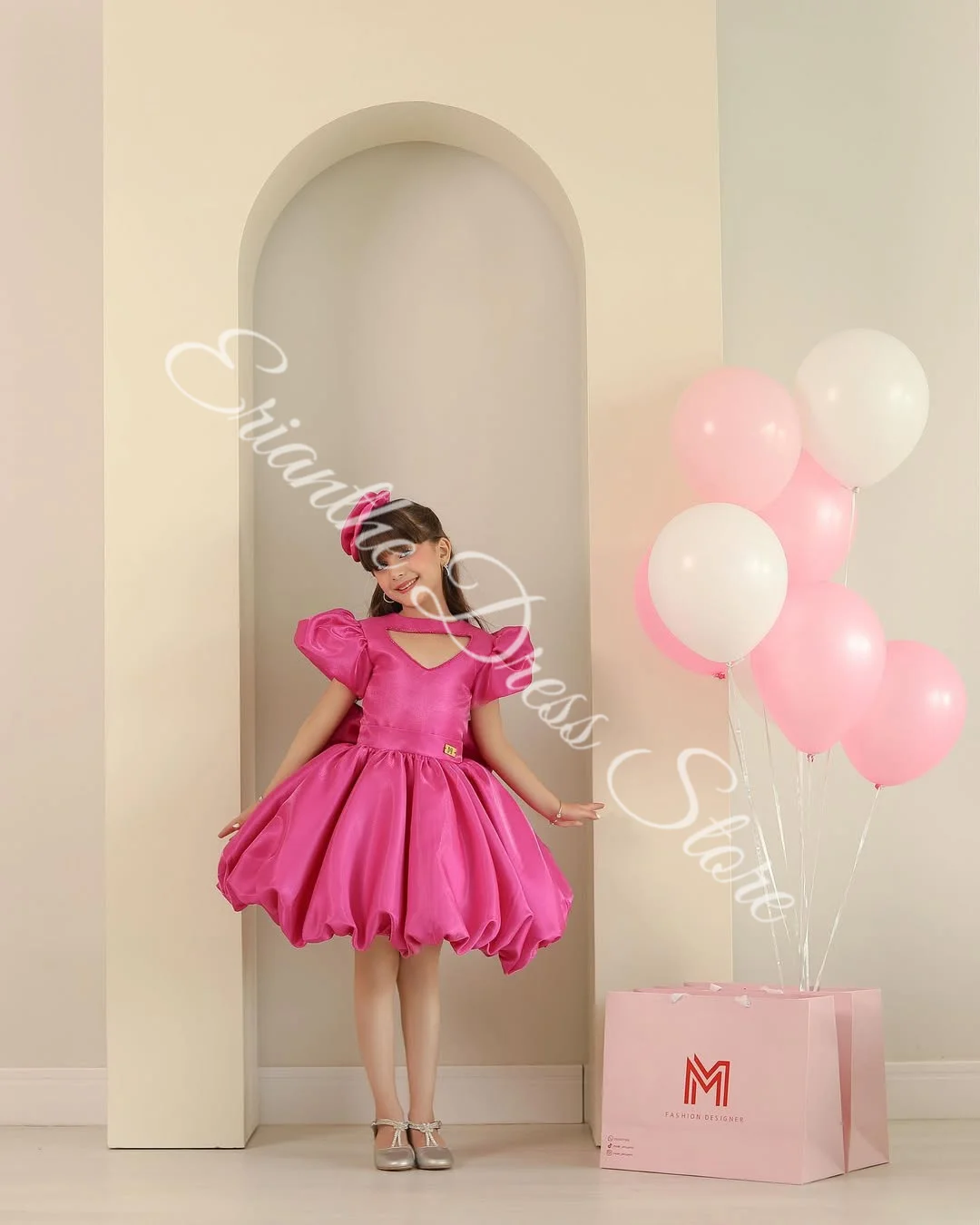 Rose Red Satin Flower Girl Dress for Wedding Short Sleeve with Bow Kids Birthday Party First Communion Ball Gowns Customized