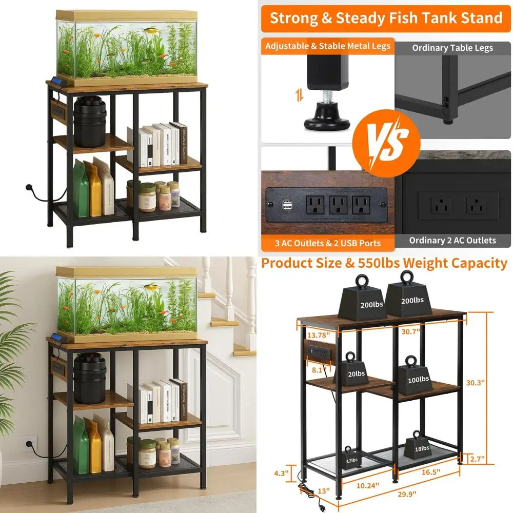 

Metal Stand for 20-29 Gallon Aquariums with 3 Outlets, 2 USB Ports, Adjustable 4-Tier Shelves, 30x13x30, 500 lbs Capacity