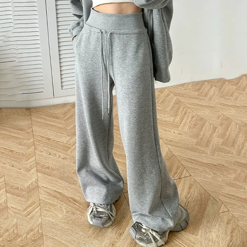 

Grey High Waist Women Wide Leg Pants Summer New All Match Drawstring Bell Bottomed Trousers Female Yoga Casual Pants