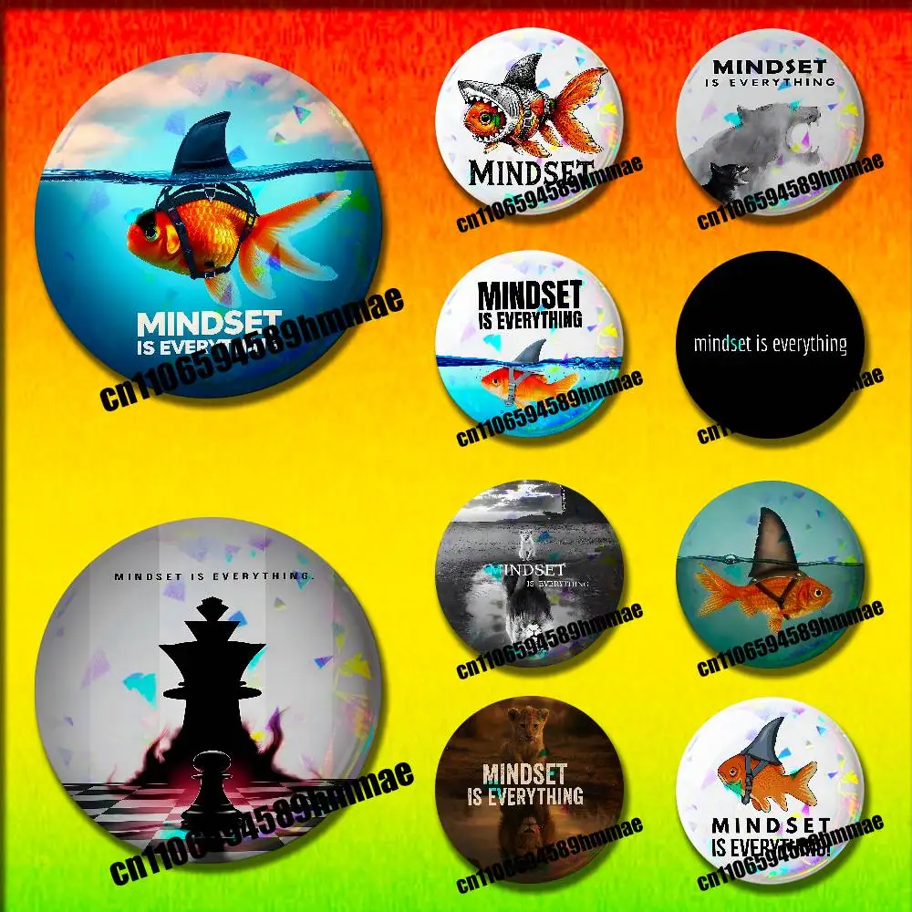 

For Mindset Is Everything Quotes Cat Fish Shark Lion Tige Emblem Round Pins Insignia Badge Cover Ornament 32mm Brooch Button