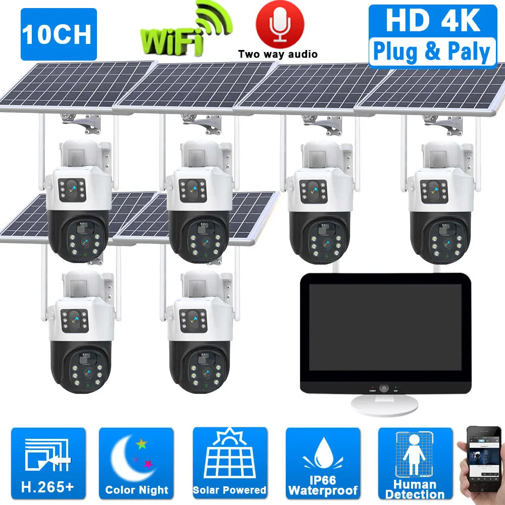 

4K Solar CCTV Video Surveillance System 8CH 12.5" NVR Set Outdoor 8MP Wifi PTZ Security Camera System Set 10CH Auto Tracking