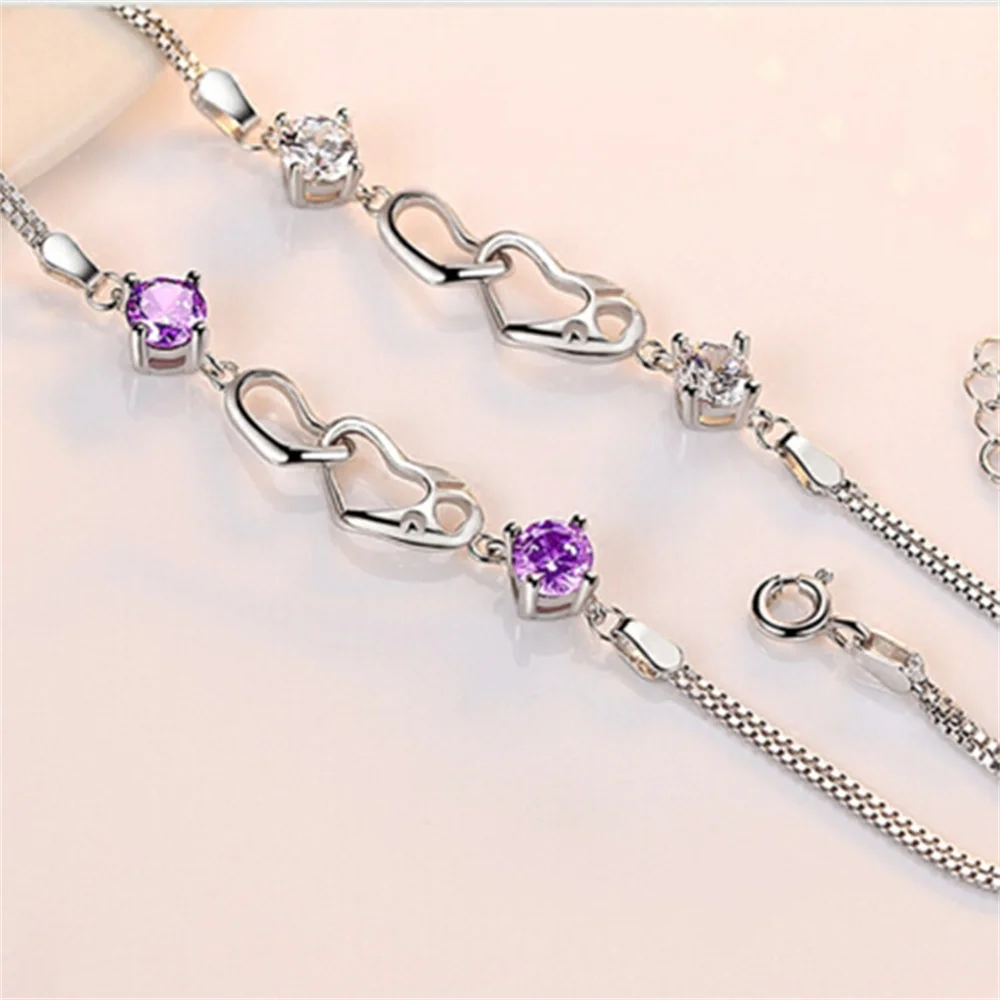 

Korean Fashion Silver - 925 Heart Linked, Amethyst Women's Bracelet