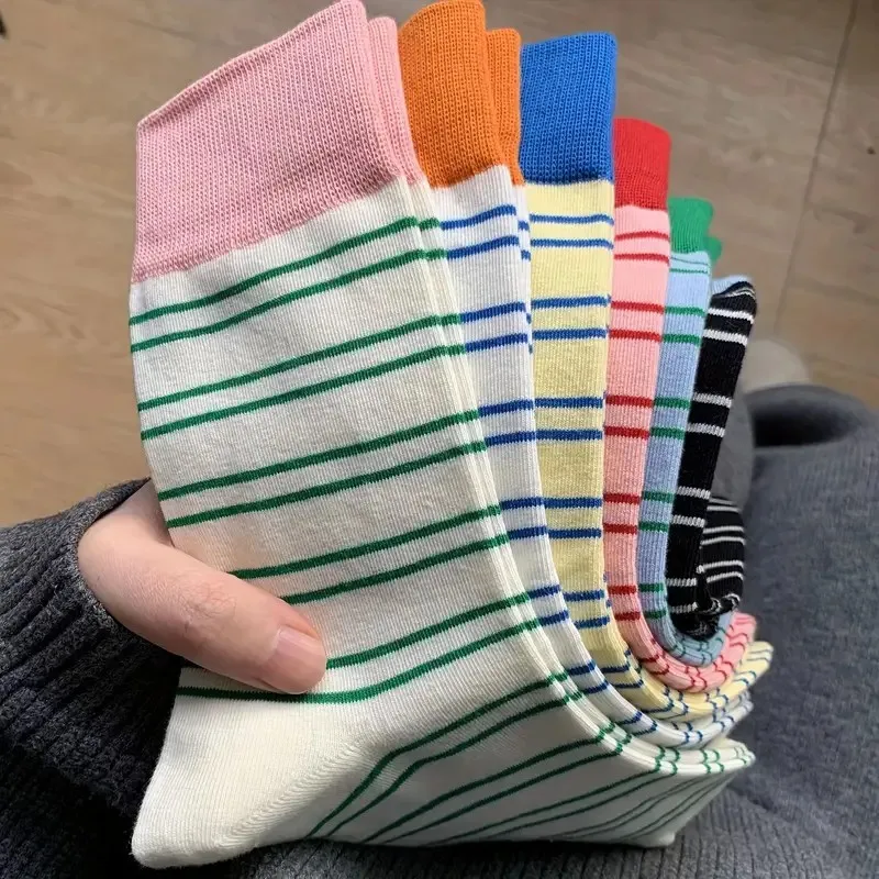 1/6 Pairs Frauen Bunte Gestreifte Mitte Rohr Socken Frühling Sommer Schweiß Absorbieren Atmungsaktive Dopamin Farbe Passenden Casual Socken – Detail 3