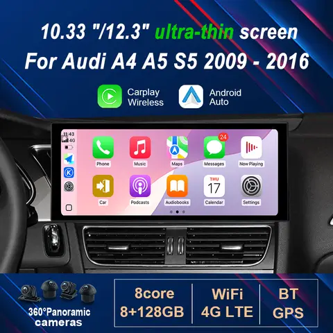 아우디 A4 A5 S5 2009-2016용 10.33인치/12.3인치 무선 카플레이 HD 터치스크린 안드로이드 14 카 라디오 비디오 멀티미디어 플레이어
