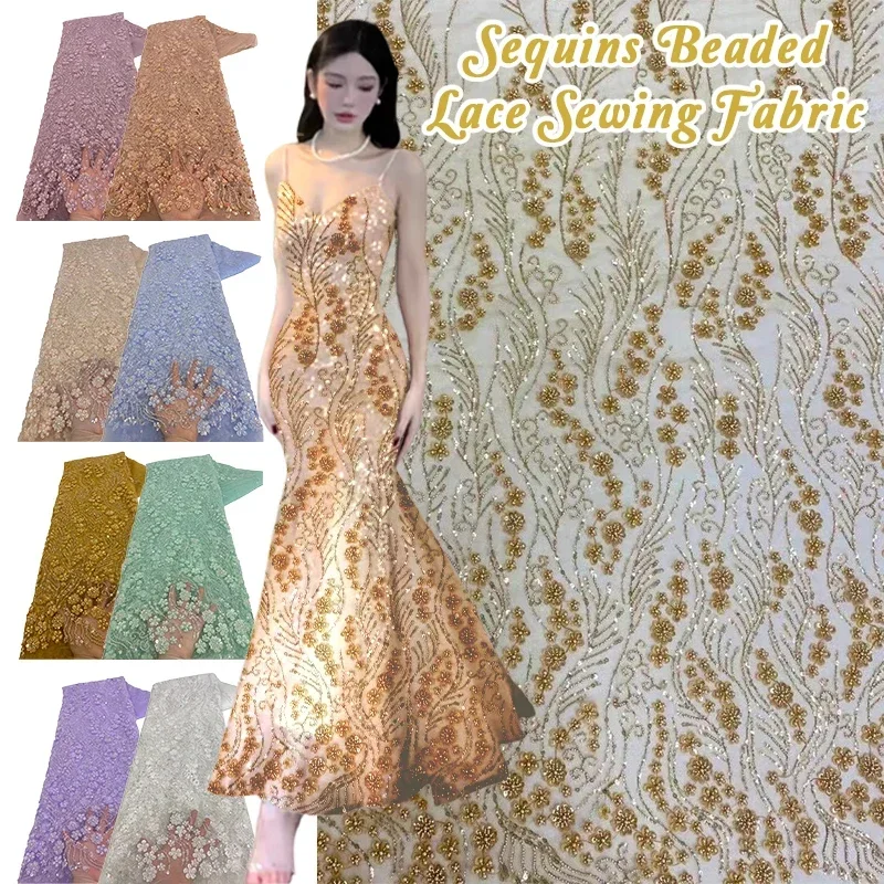

1Yard Luxury African Lace Fabric with Embroidery Flower Glitter High Quality Heavy Sequin French Beaded Lace Fabric for Sewing