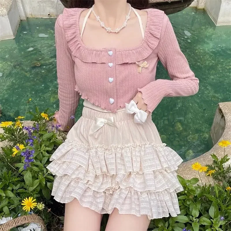 Y2k Kawaii Sweet Ruffles Square Collar Long Sleeve Cardigan Coat+ High Waist Ruched A-line Cake Shorts Skirts New Two Piece Sets