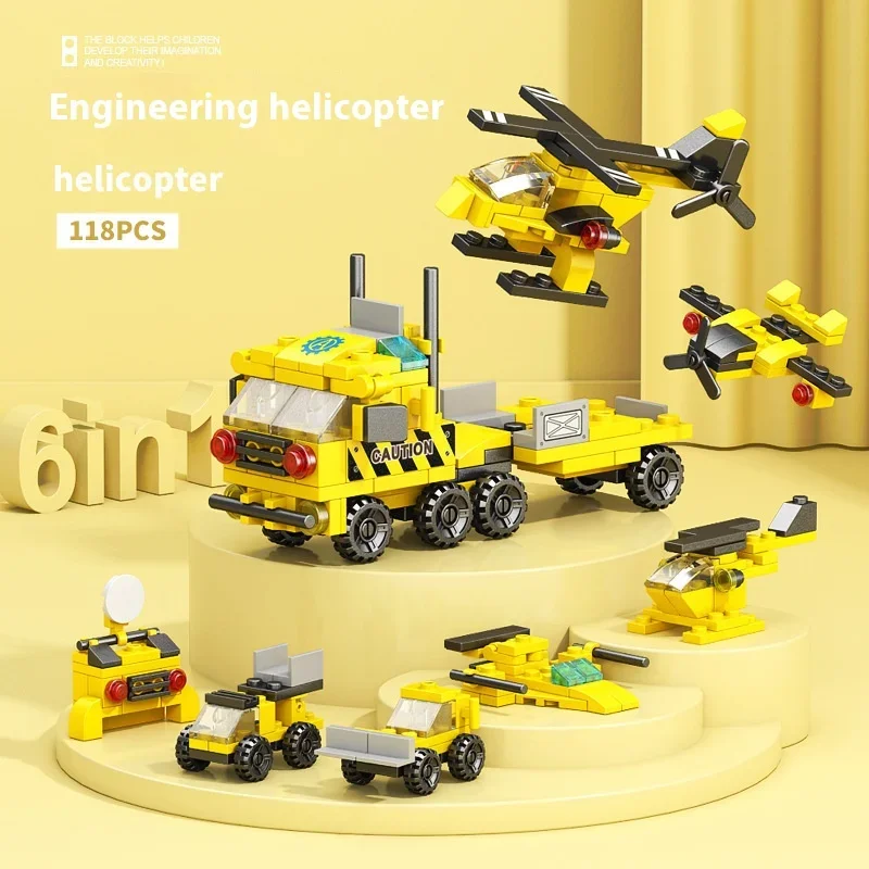 6IN1 City Engineering Car Police Truck Dinosaur Building Blocks Tank Helicopter Bricks Fire Fighting Set Toys for Children Gift