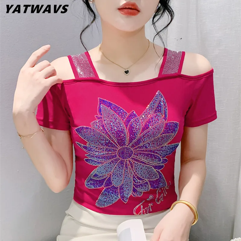 Streetwear Girl Summer Flower T-shirt Chic Sexy Off Shoulder Shiny Hot Diamonds Tees New Women Short Sleeved Luxury Tops Shirts