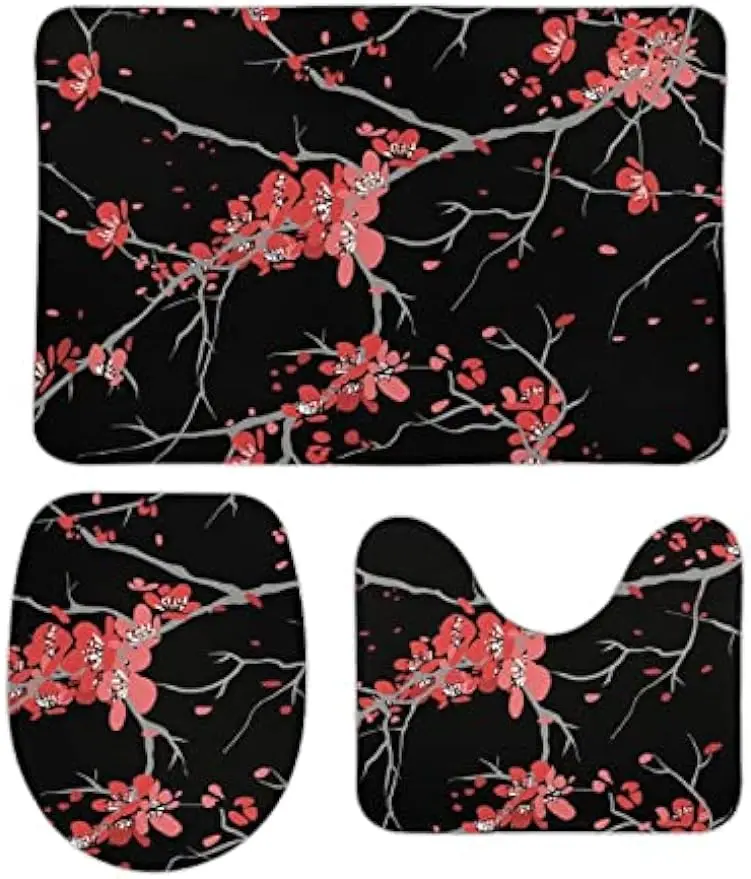 Pink Red Cherry Blossom Flowers on Black Coral Velvet Soft 3 Piece Non-Slip Bathroom Absorbent Rug Set U Shaped O Shaped Mats