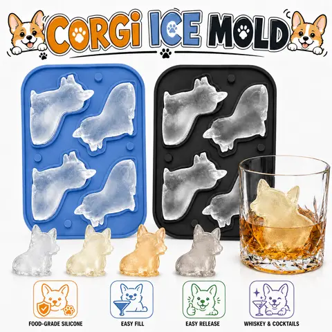 3D Corgi Dog Silicone Ice Mold Maker Whiskey Cocktails Big Dog Ice Cube Trays with Funnel Effortless Release Summer Ice Tools
