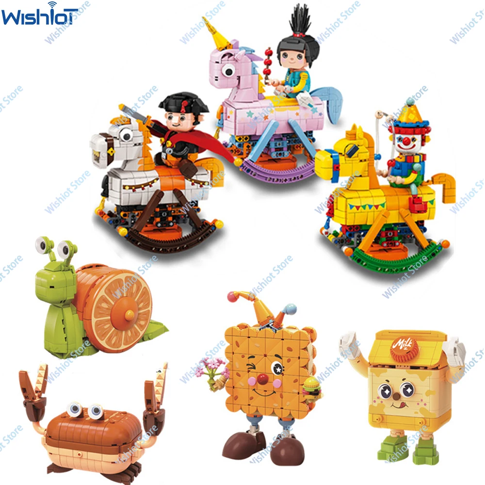 

Creative Cartoon Building Blocks Toys Clockwork Rocking Horse Model Clown Knight Unicorn Puzzle Assembly Decoration Holiday Gift