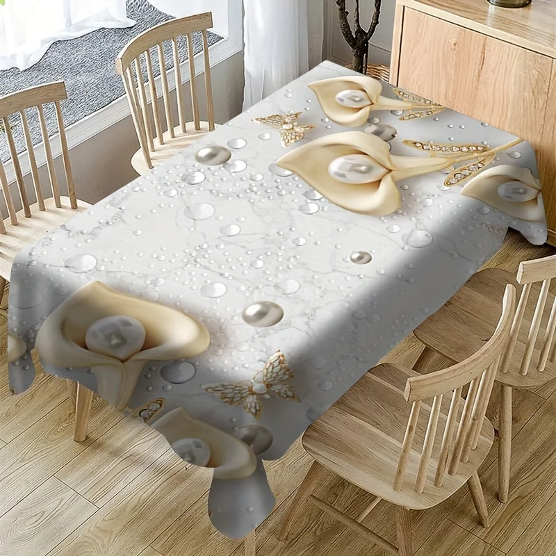 1pc, 3D Art Flower Pearl Pattern Tablecloth Stain Resistant Waterproof Tablecloth Vintage Style Home Decoration Accessories