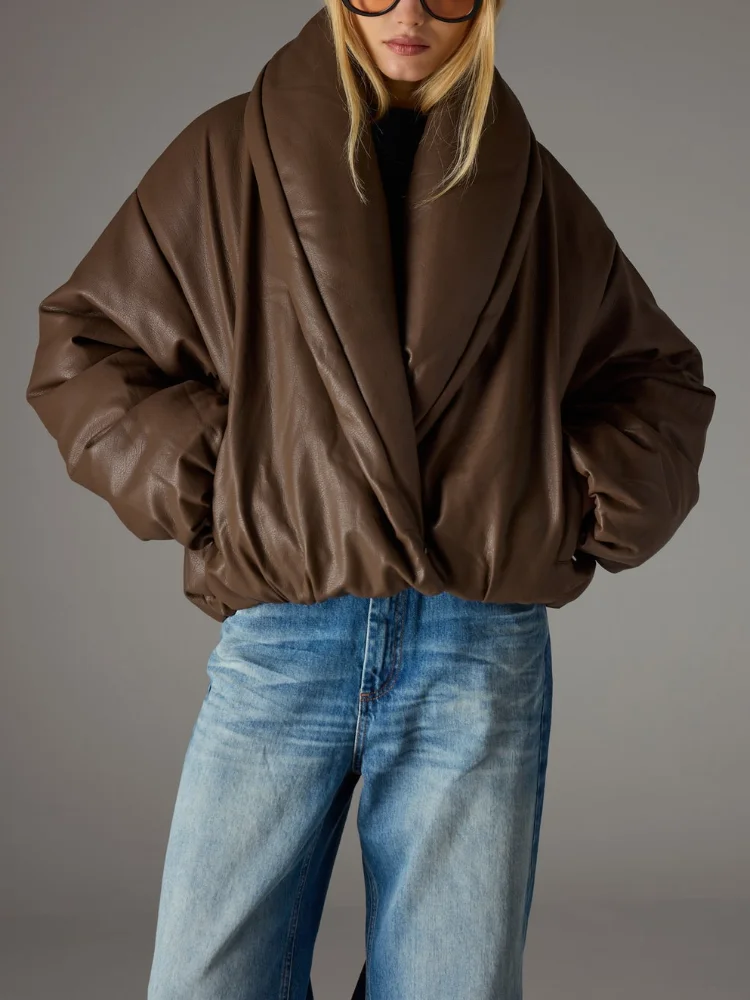 Dames trendy winter kunstleer Parker jas chique katoenen gewatteerde warme jas met lange mouwen nieuwe dame high street woon-werkverkeer bovenkleding