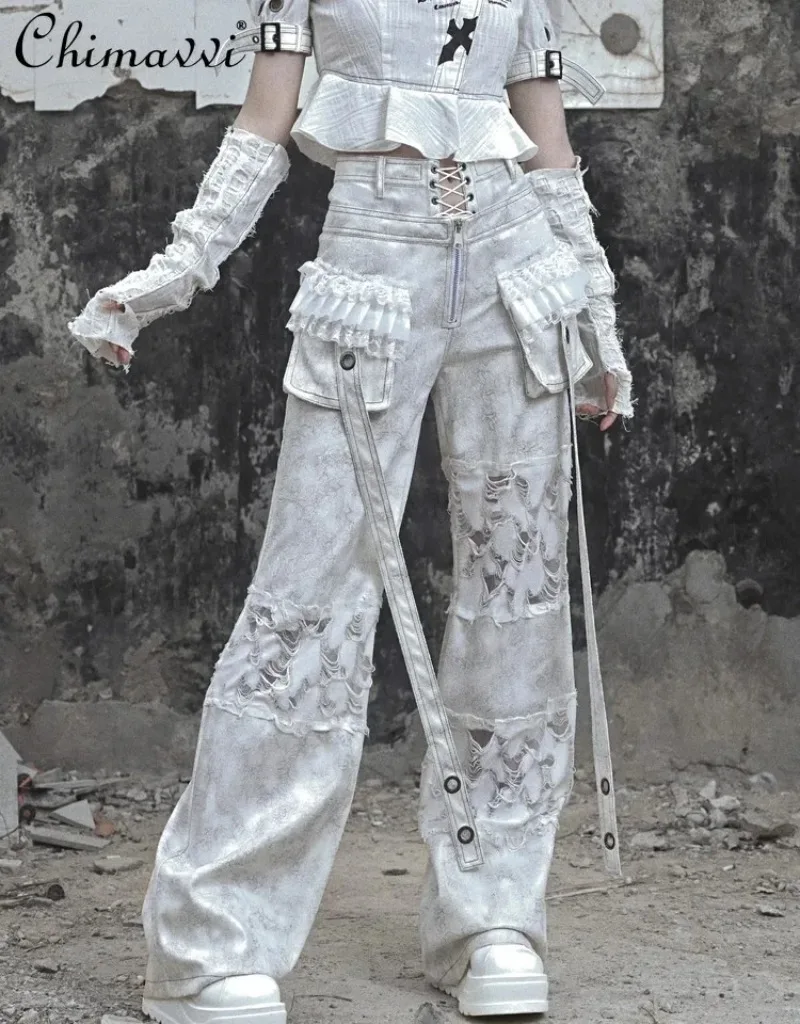 Original Gothic Style Old Suede Strap Fake Two-piece Overalls 2024 Autumn New Punk Hot Girl's High-waist Cargo Straight Pants