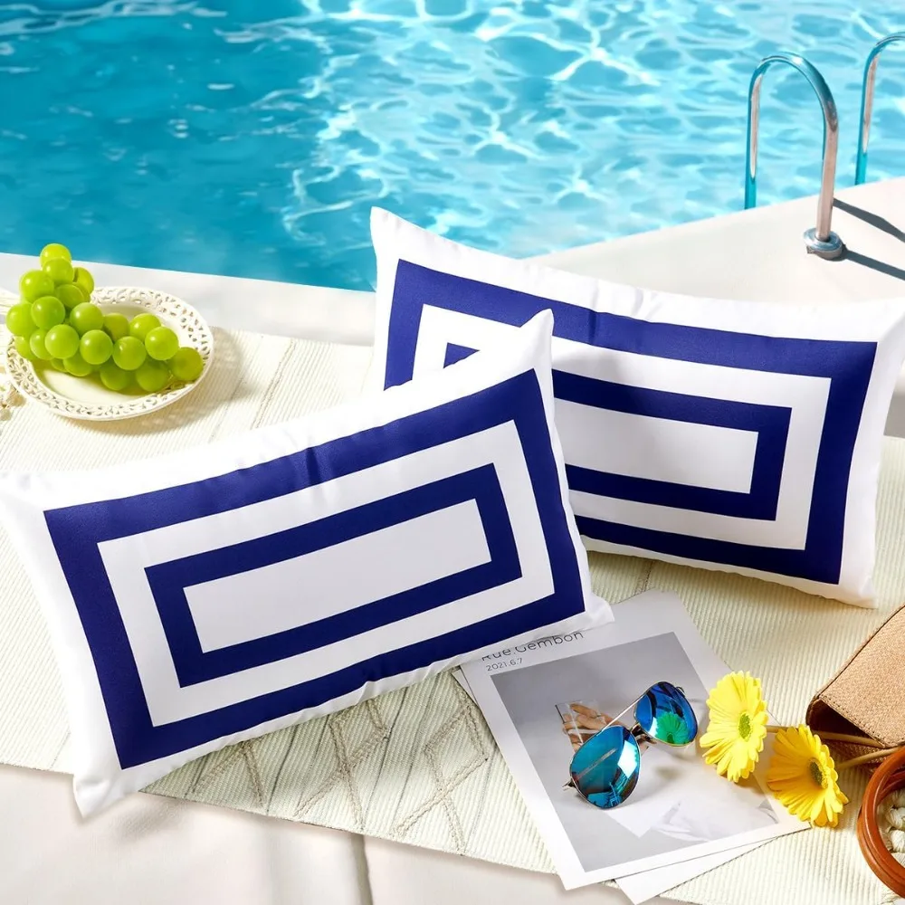 

12x20 Navy Blue Border Outdoor Lumbar Pillowcase, Waterproof and Sun-Proof 2-Piece Set (Pillow Insert Not Included)