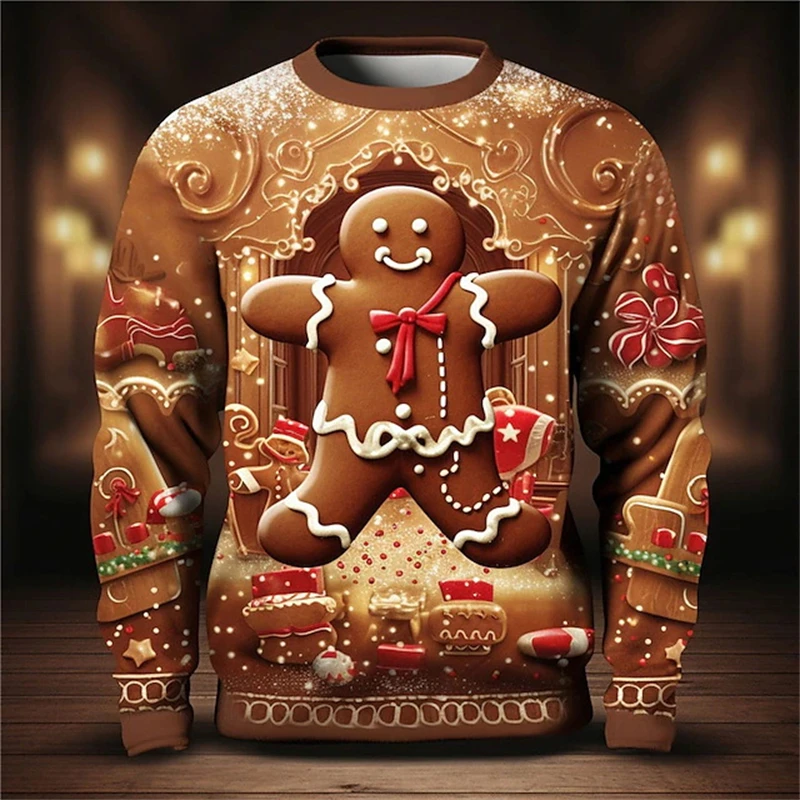 Sudaderas con estampado 3D de pan de jengibre para hombre y mujer, Sudadera con capucha con cuello redondo y gráfico de Feliz Navidad, jersey de moda para hombre, Top de Festival