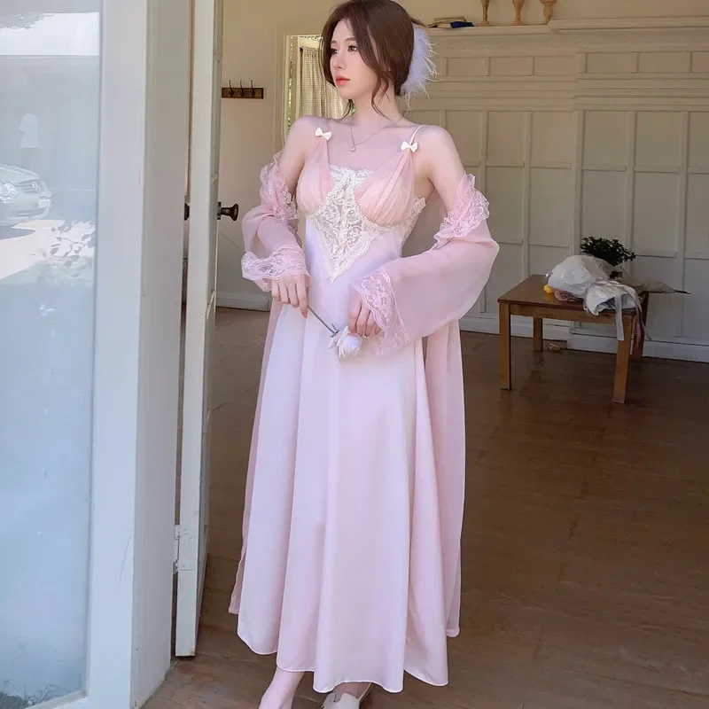 2PCS Nighty&Robe Set Lace Women Sleepwear Kimono Bathrobe Gown Suit Summer Silky Satin Nightgown Home Dress Loungewear