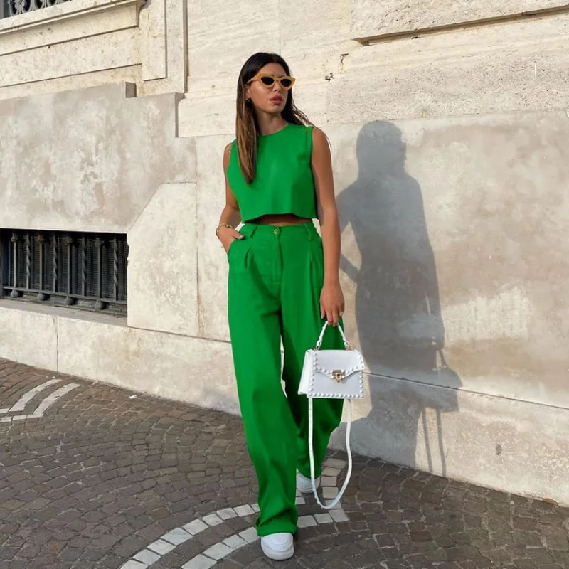 insStyle Summer New Solid Color Sleeveless Green Top Flared Pants Suit Commuter Fashion Women's ClothingWlj