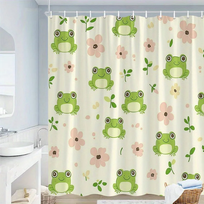 1pc Playful Frog Floral Shower Curtain Seamless Pattern of Cartoon Green Frogs with Large Eyes and Pink Yellow Flowers on Soft C