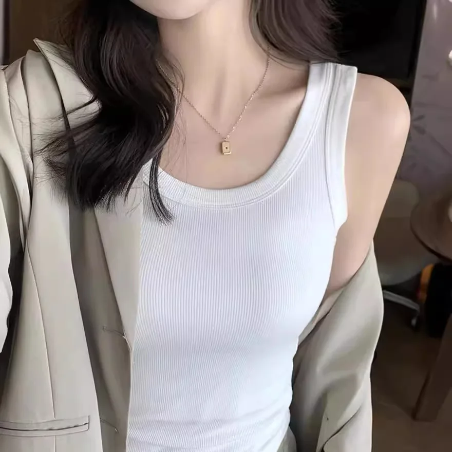 Women's Summer Sleeveless Vest Threaded Wide  Inner Wear Cute Work Number Thread 260g Anti-Light Blocking Side Breast Swe...