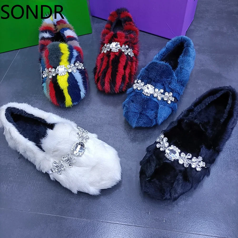 Womens Real Mink Fur Rainbow Colors Loafers Rhinestones Crystal Chain Flats Shoes 5Colors  New 2024