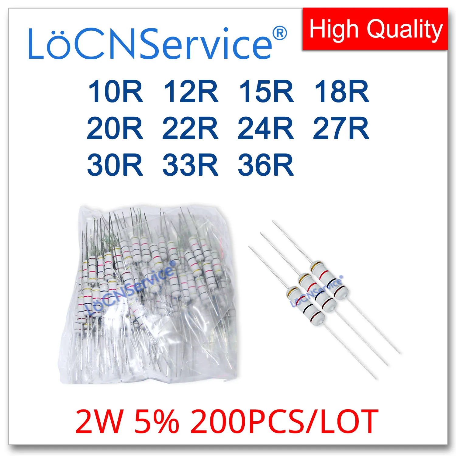 LoCNService 200 шт./лот 5% 2 Вт 10R 12R 15R 18R 20R 22R 24R 27R 30R 33R 36R резистор из углеродной пленки DIP OHM