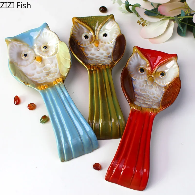 Owl Ceramic Storage Tray Handicraft Spoon Tray Spoon Holder Kitchen Organizer Storage Racks Shovel Shelf Decorative Trays Plate