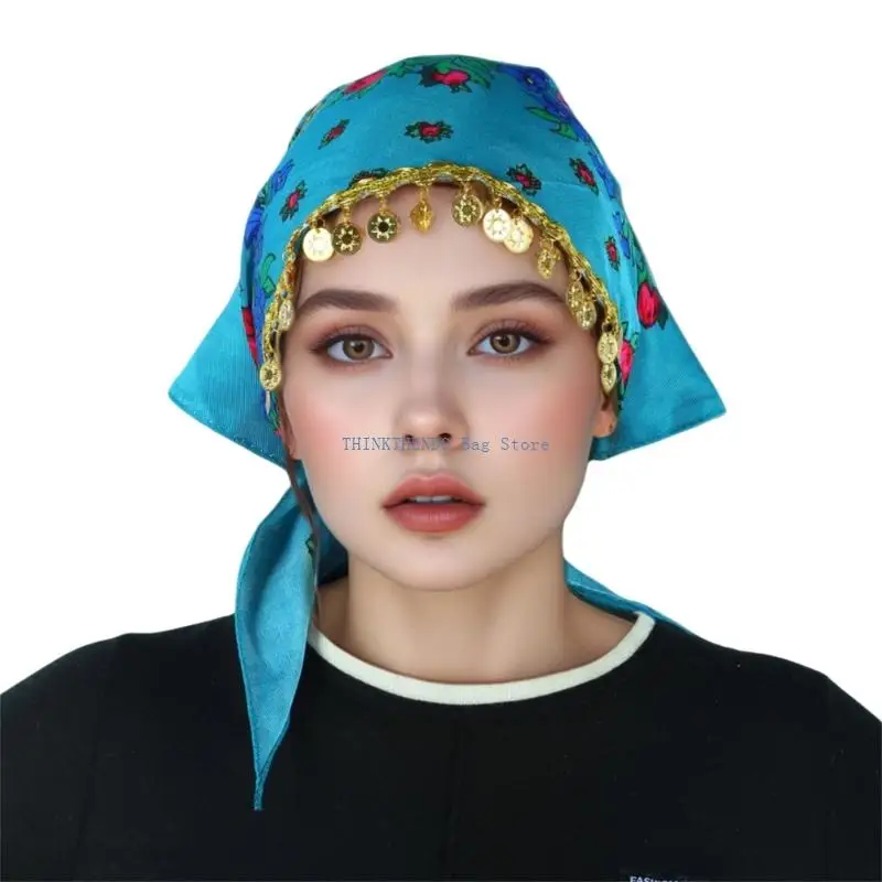 

340D Ethnic Headscarf Triangular Gold Tassels Headwrap for Women Daily and Travel