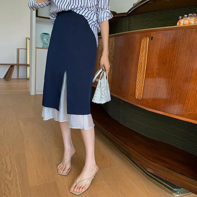 Women French Style High Waist Split Midi Skirt Slim Bodycon Skirt