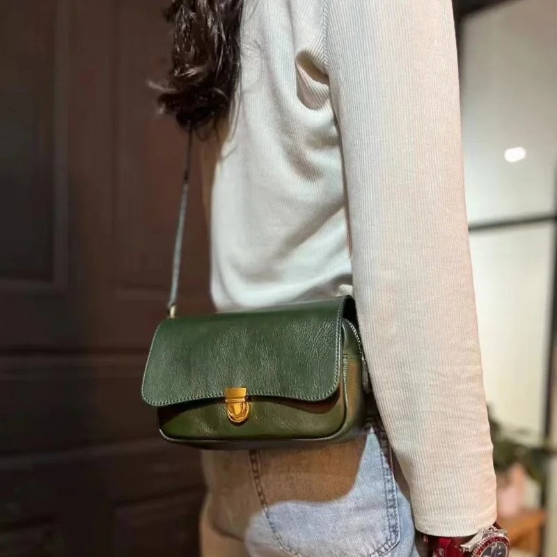 Vegetable Tanning First Layer Cowhide Bag2024Autumn and Winter New Vegetable Tanned Small Mailman Bag Messenger Bag Fem