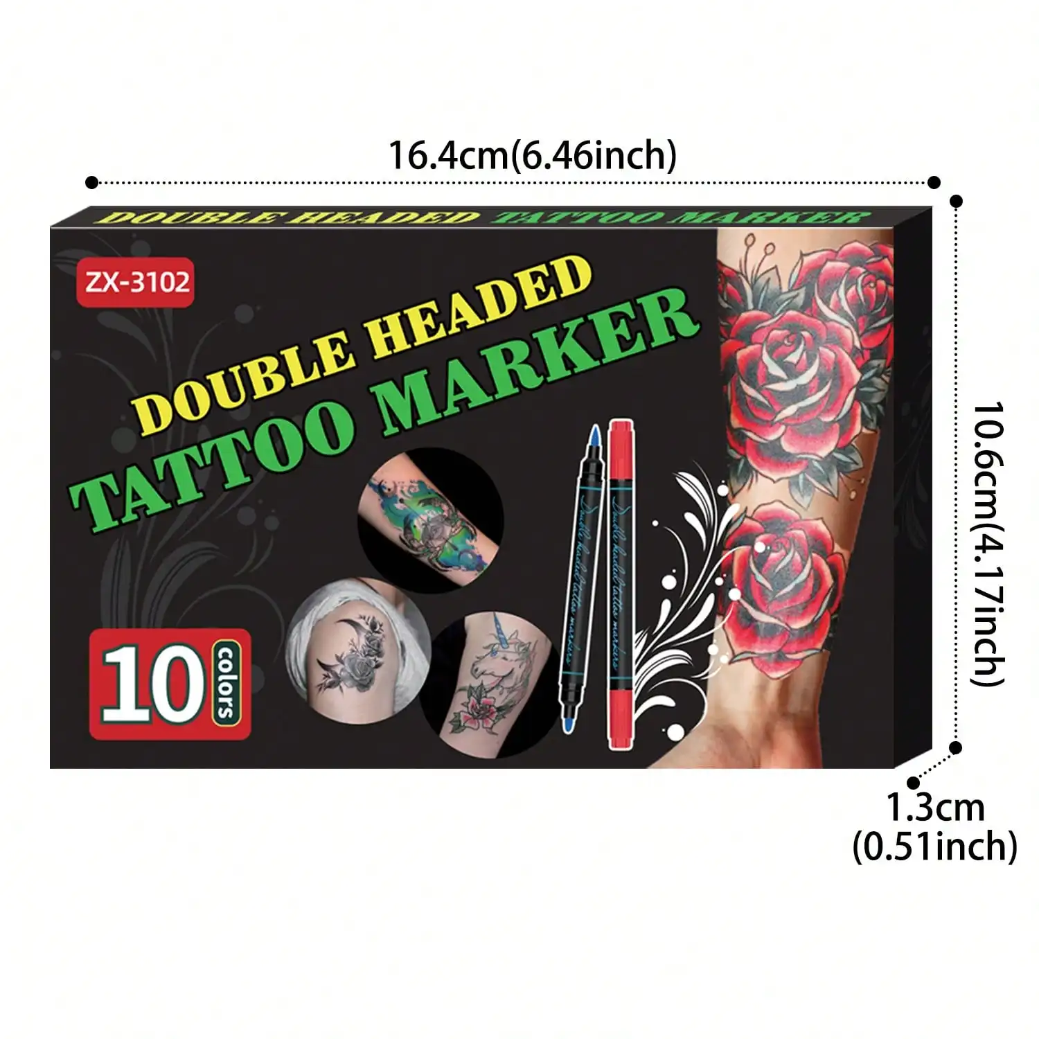 Pluma de tatuaje de 10 colores, marcador de tatuaje temporal de doble cabezal, marcado corporal Flexible, kit de maquillaje Facial respetuoso con la piel
