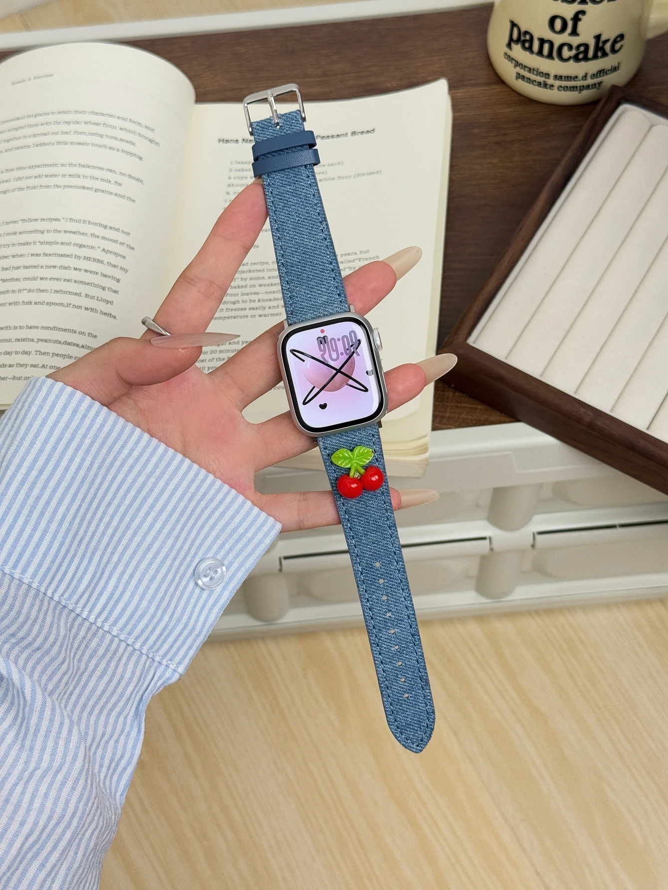 Fashion Cherry Denim Leather loop Correa For Apple Watch band Series 10/9/8/7/6/5 38mm 40mm 41mm 42mm 44mm 45mm 46mm 49mm Strap