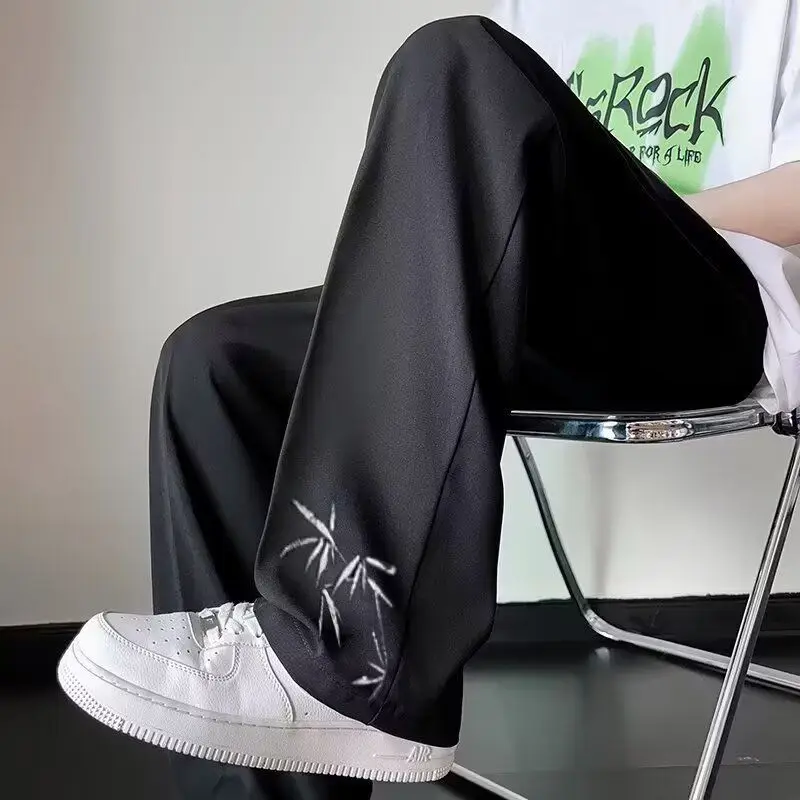 

Летние трендовые повседневные брюки с бамбуковой вышивкой для мужчин и женщин, прямые широкие брюки с зауженным силуэтом, удобные свободные брюки из полиэфирного волокна