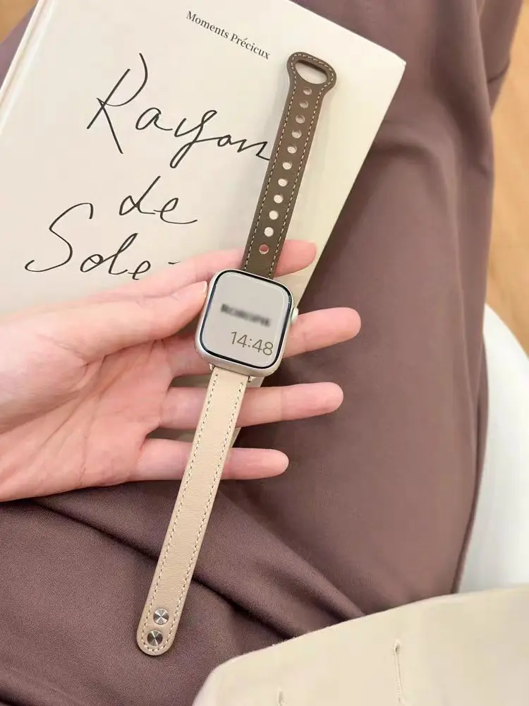 Correa de cuero fina para Apple Watch, banda de 40/44mm, 7 8SE, 6, 5, 4, 38/42, lazo de mujer para Iwatch 41/45mm, 49, Ultra 3, 2, 1, hebilla de doble clavo