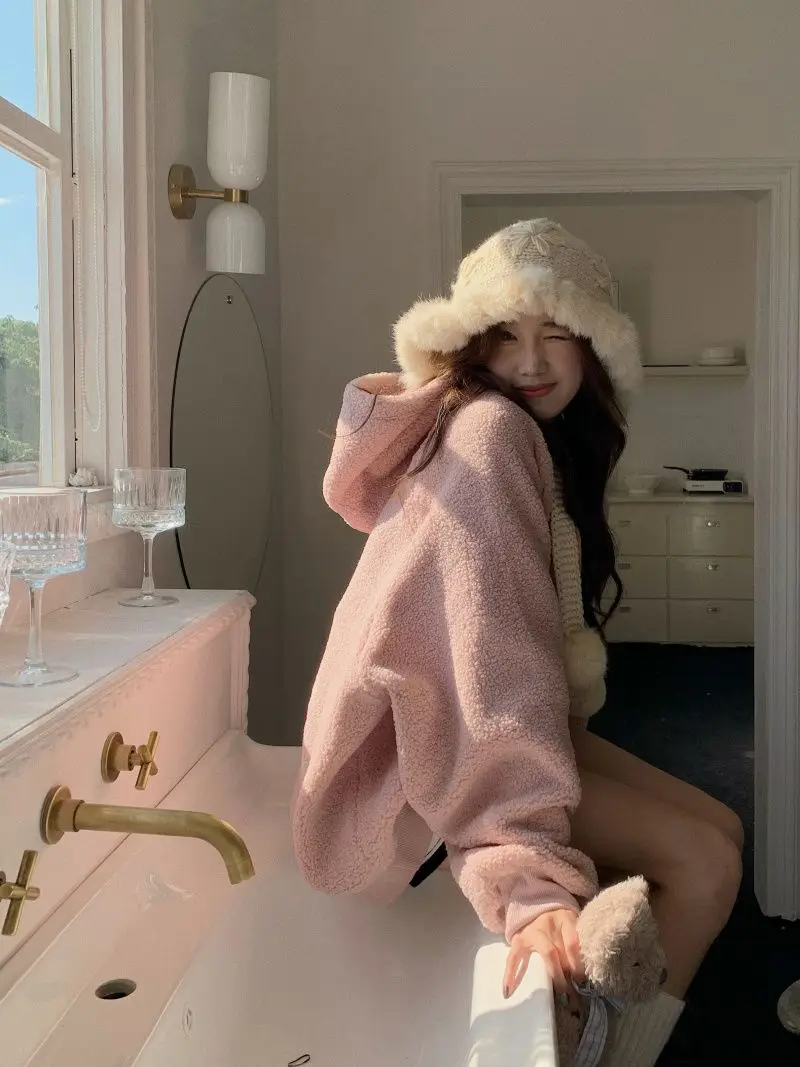 Pink Plush Thick Hooded Sweatshirt for Women in Autumn and Winter Lamb Wool Loose and Versatile Thick Top