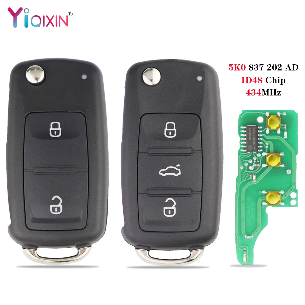 YIQIXIN Smart Remote Flip Key 434MHz ID48 Chip For Volkswagen VW Beetle Caddy Eos Golf Jetta Polo Scirocco Tiguan 5K0 837 202AD