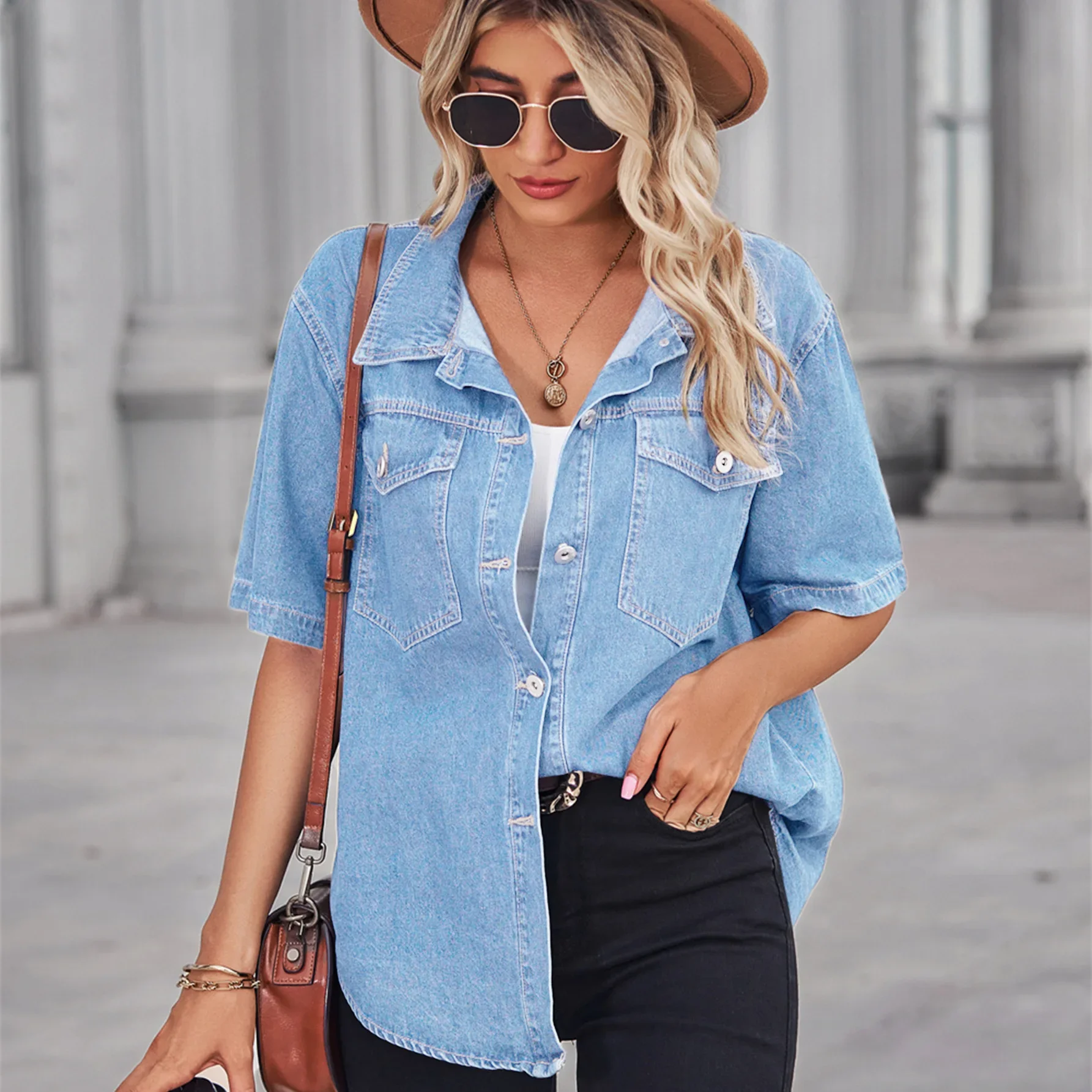 

Blouse Women Denim Shirt Tops Washed Overshirt 2025 Streetwear Pockets Single Breasted Turn Down Collar Jackets Outerwear