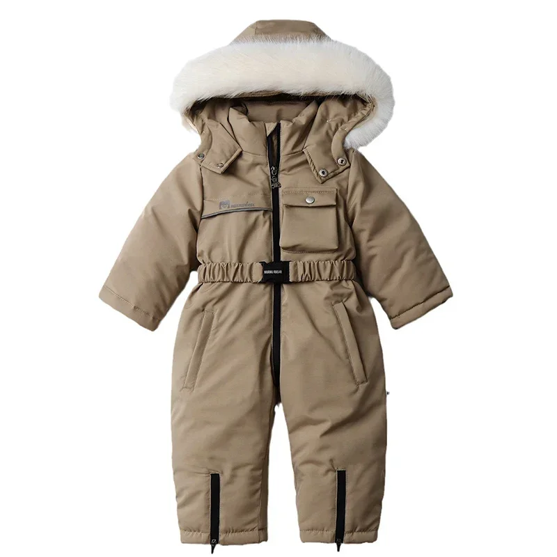 2024 New Girl Windproof Winter Solid One Piece Suits Hooded Zipper Long Sleeve Children Ski Sets Polyester Casual Outdoor Suits