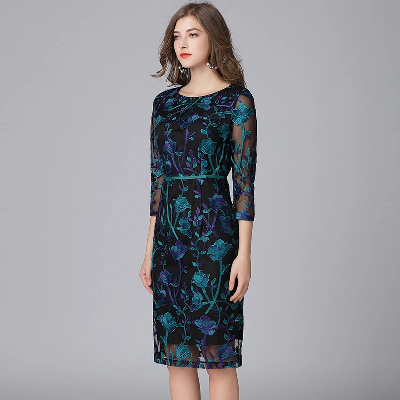 Embroidery Lace Dresses for Women, Vintage Dress, Three Quarter Knee Length, Ladies Dress, New Arrival, Autumn, 16133, 5XL, 100K