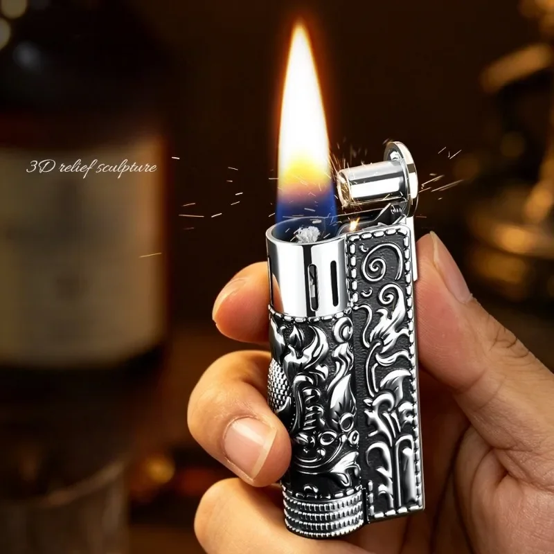 2026 Zinc Alloy Three sided Exquisite Relief Windproof Lighter with One Click Ignition Fashion Retro Lighter Business Small Gift