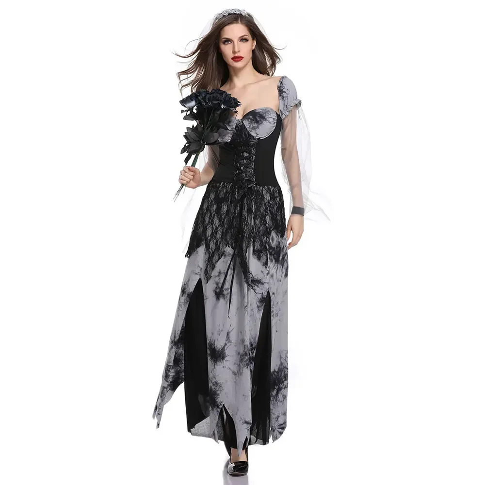 Womens Gothic Dead Bride Ghost Costume Horror Zombie Corpse Cemetery Brides Cosplay Halloween Day of the Dead Dress