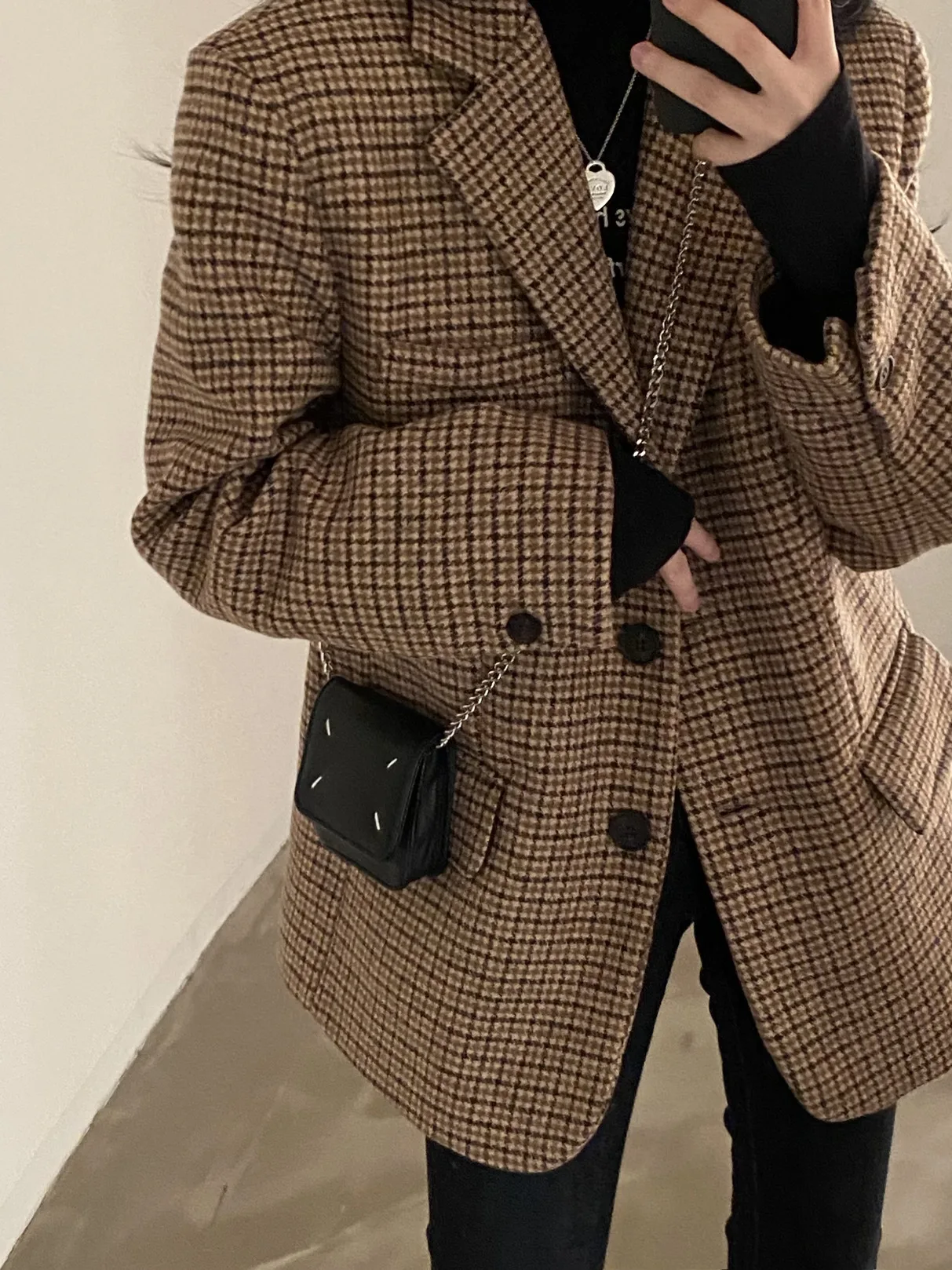 

Chic Autumn Winter Vintage Suit Collar Color Blo Plaid Loose Versatile Long Sve Woolen ort Coat for Women Commute Sle