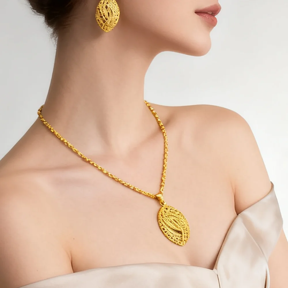 Dubai 18K Goldfarbenes Schmuckset für Damen Hochzeit Party Halskette Ohrringe Sets Indisches Schmuckset Kostenloser Versand Großhandel – Detail 11