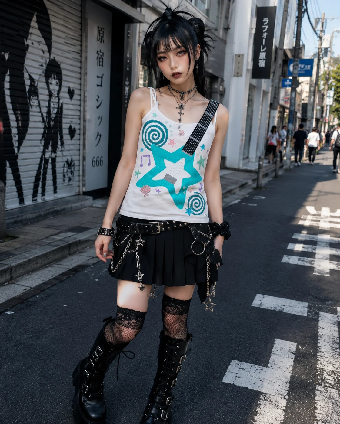 Women Y2K Guitar Print Cami Top Mint Green Star Music Note Tank Crop Top Harajuku Gothic Punk Sleeveless Slim Streetwear Summer