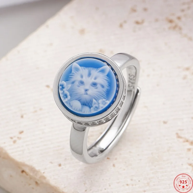 

S925 Sterling Silver Charms Rings for Women Men Emboss Blue Agate Kitten Rotatable Prayer Wheel New Fashion Jewelry Wholesale