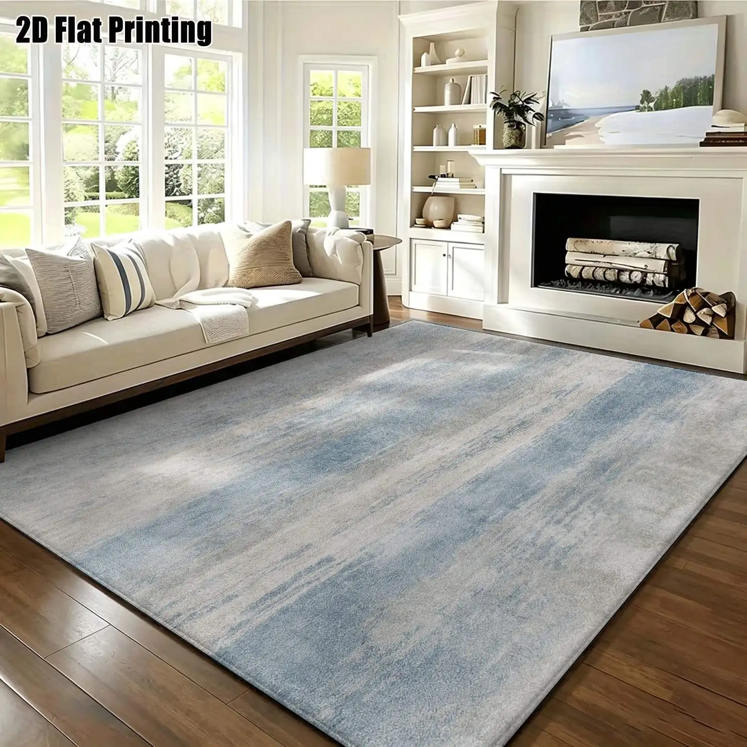 1Pc 2D Printed Blue-Grey Abstract Striped Nordic/Instagram-Style Modern Minimalist Geometric Carpet, Home Decor Floor Mat, Multi-Size, Machine Washable, for Entrance, Dining, Foyer, Living Room, Bedroom