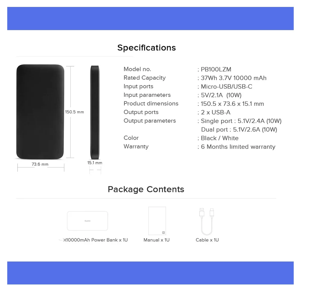 Xiaomi Redmi Power Bank 10000mAh 18W PB100LZM Quick Charging 10000mAh Fast Charging Portable Charger for Mobile Phones