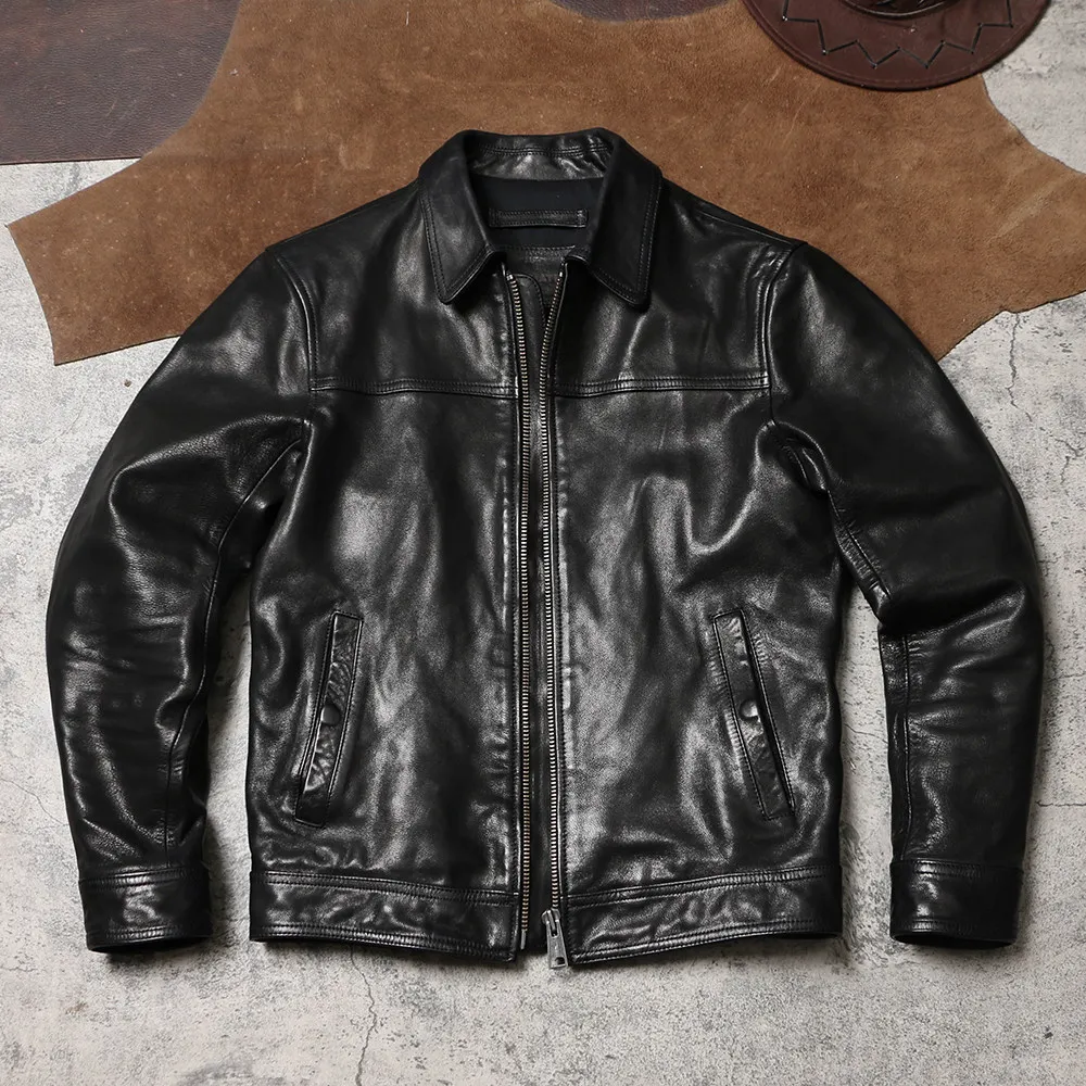 Men Lapel Slim Genuine Leather Coat, Retro Washed Polo Jacket Waxed Uncoated Goatskin Casual Outerwear