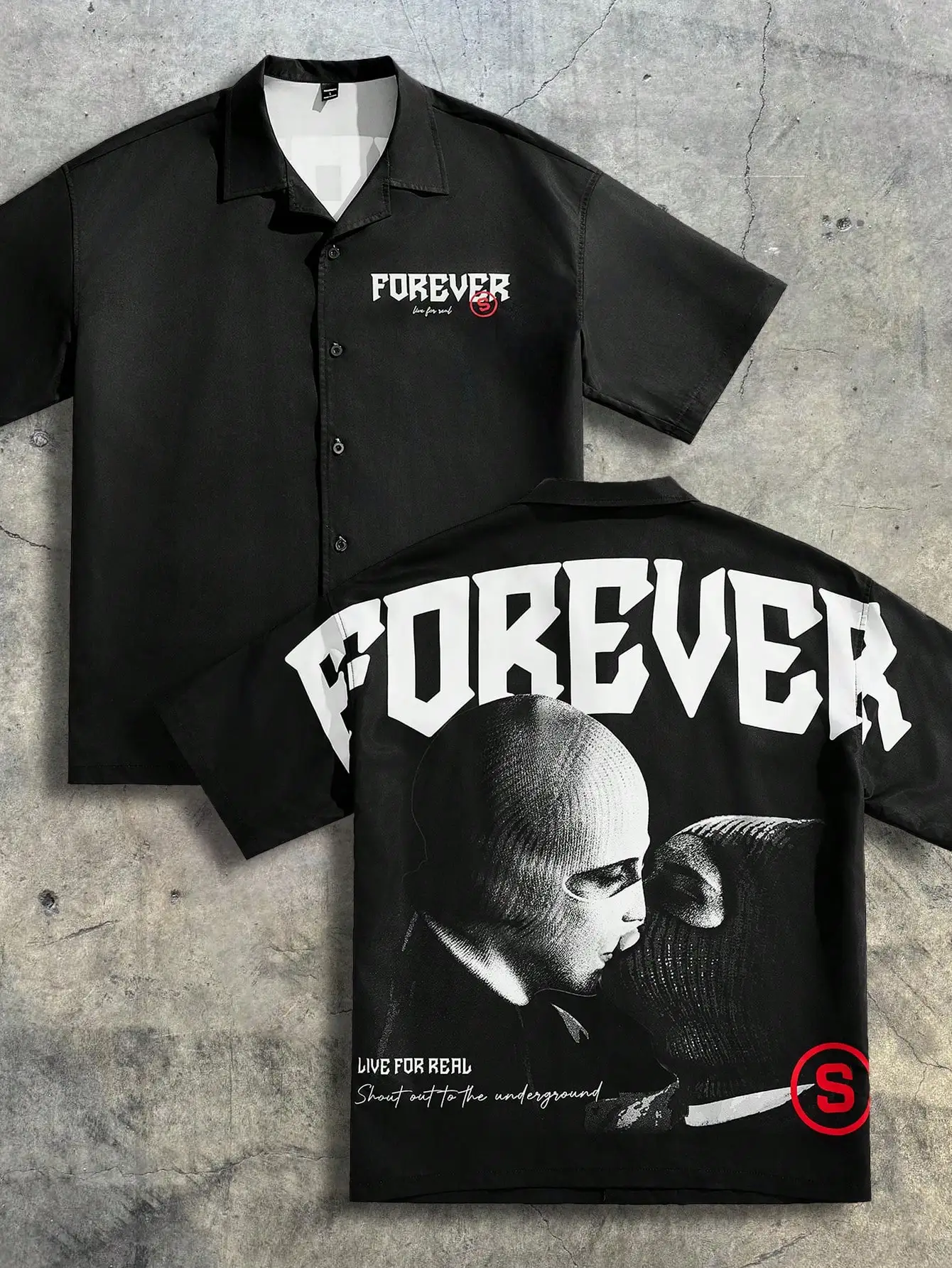 

Men's Loose Fit Short Sleeve Woven Shirt with Bold Graphic Print, Summer Streetwear