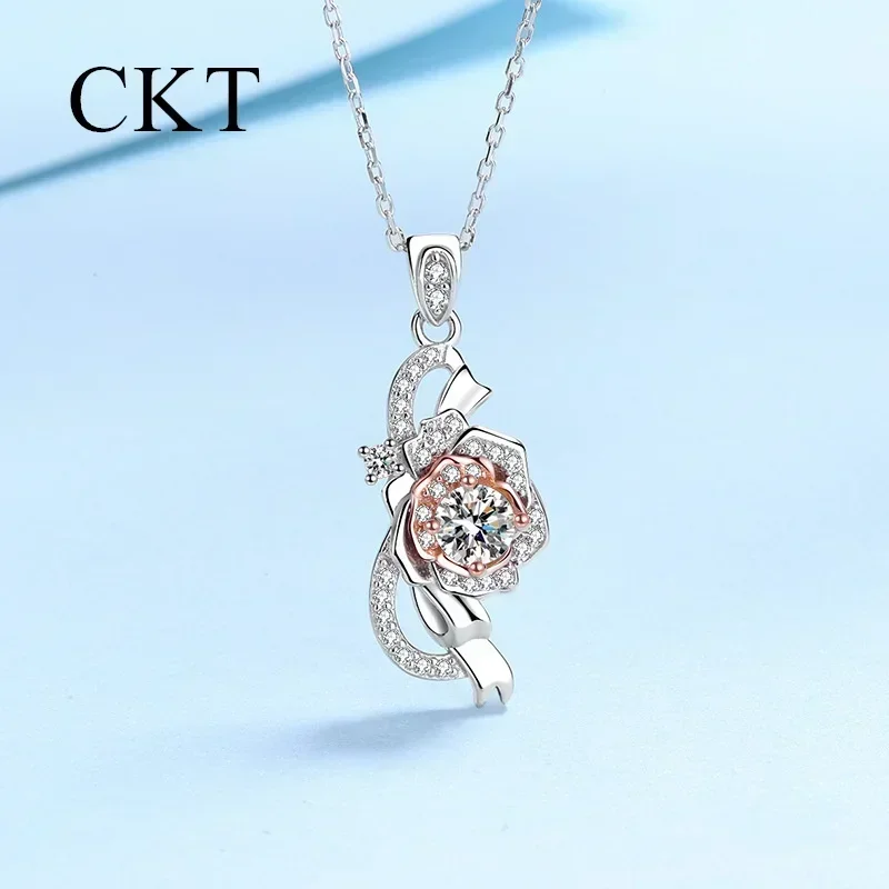 

18K White Gold Necklace for Women 0.5ct Moissanite Flower Pendant Platinum Pt950 Rose Fashion Necklace Wedding Fine Jewelry Gift